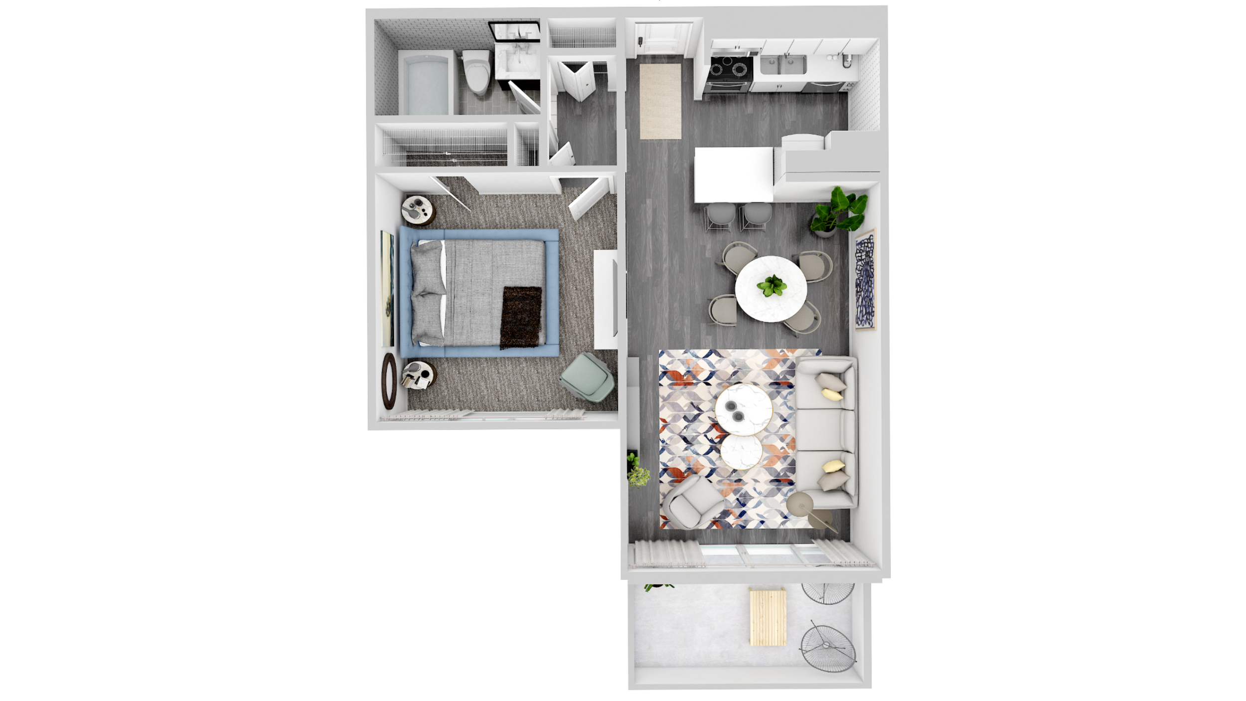 Floor plan for 1 bed, 1 bath, 690 sqft